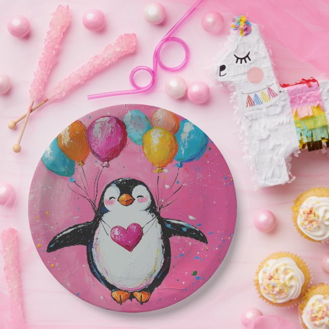 cute cartoon penguin with balloons  paper plate (Party)