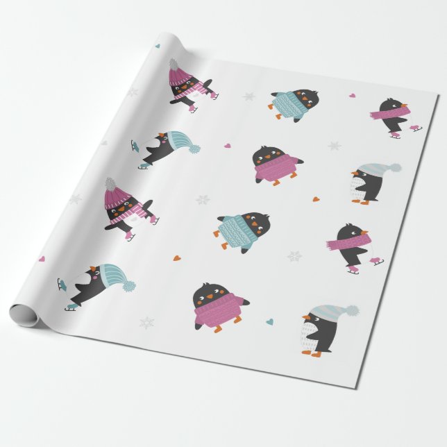 cute cartoon penguins with hearts and snowflakes wrapping paper (Unrolled)