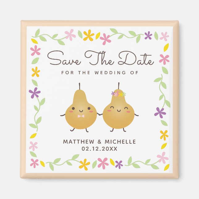 Cute Cartoon Perfect Pear Couple Elegant Wedding Magnet (Front)