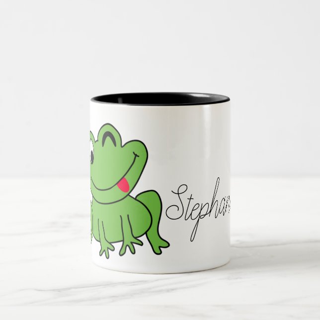 Cute Cartoon Personalized Green Frog Two-Tone Coffee Mug (Center)