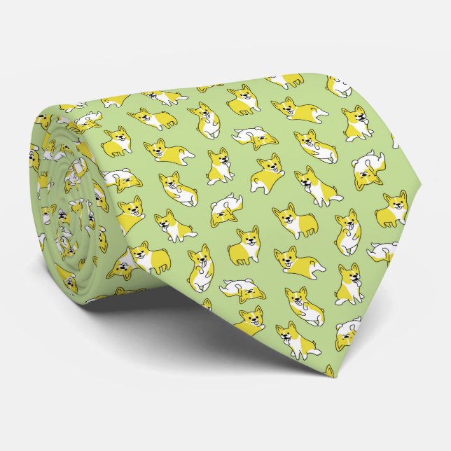 cute cartoon pet dog corgis pattern green tie (Rolled)