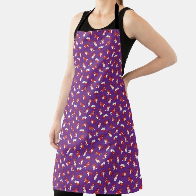 cute cartoon pet dog corgis pattern purple apron (Insitu)