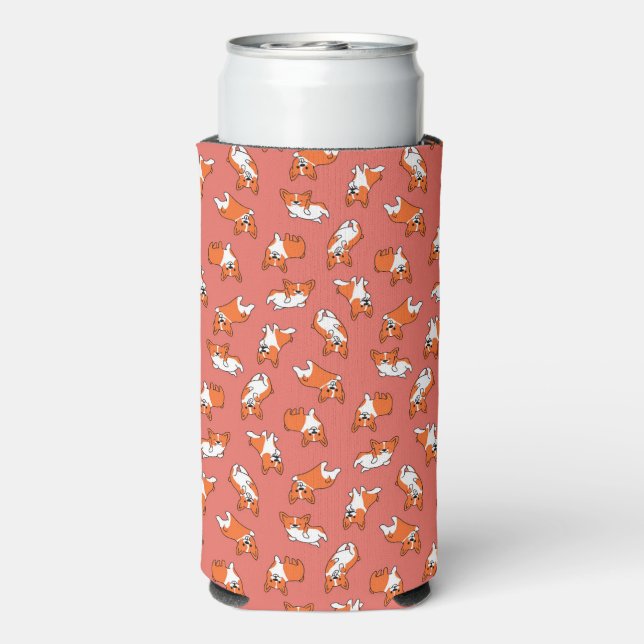 cute cartoon pet dog corgis pattern red background seltzer can cooler (Seltzer Back)