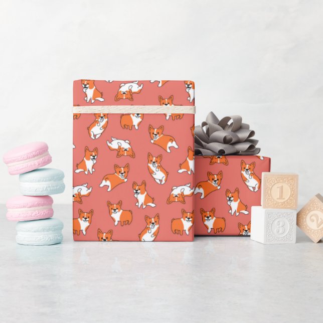 cute cartoon pet dog corgis pattern red background wrapping paper (Baby Shower)
