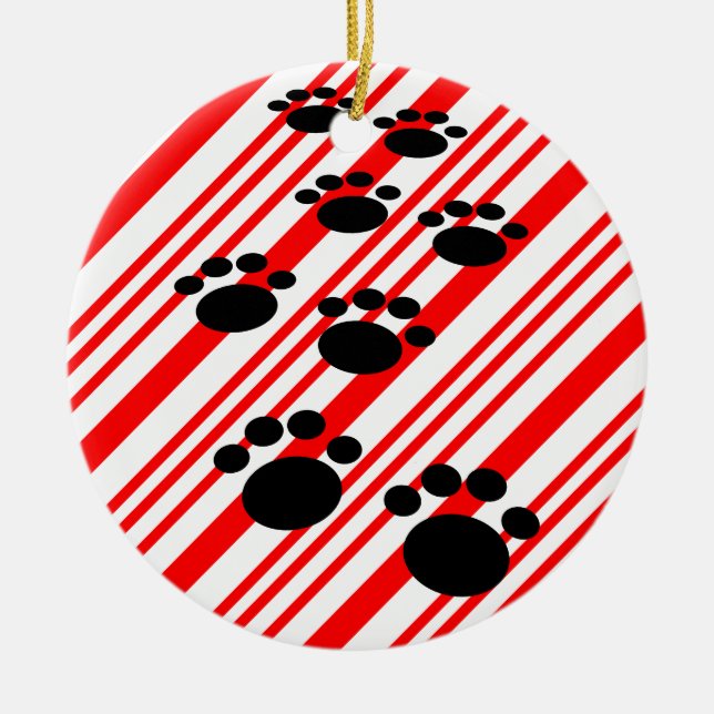 Cute Cartoon Pet Paw Trail Candy Cane  Ceramic Ornament (Front)