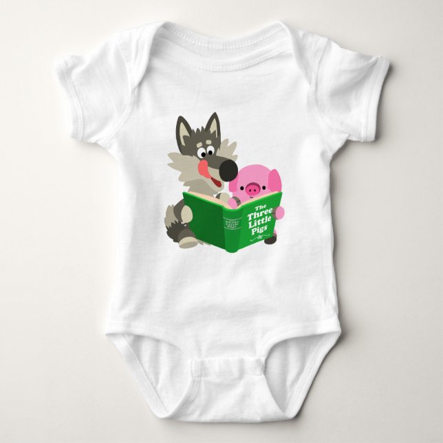 Cute Cartoon Pig And Wolf Reading Baby Bodysuit (Front)