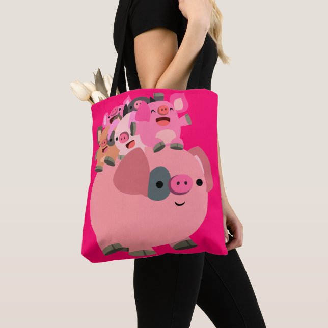 Cute Cartoon Pig Carrying Piglets Tote Bag (Close Up)