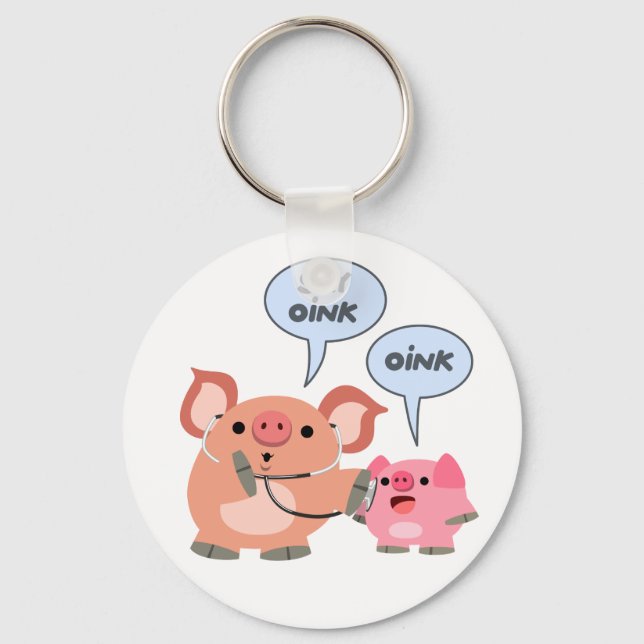 Cute Cartoon Pig Doctor and Patient Key Ring (Front)