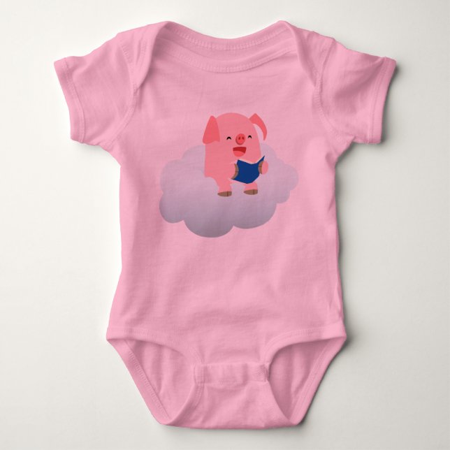 Cute Cartoon Pig Reader on Cloud Baby Bodysuit (Front)