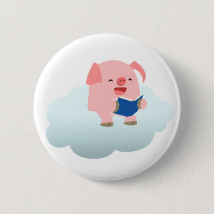Cute Cartoon Pig Reader on Cloud Button Badge