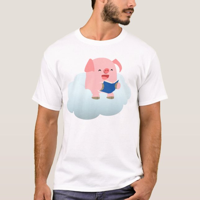 Cute Cartoon Pig Reader on Cloud Children T-Shirt (Front)