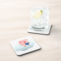 Cute Cartoon Pig Reader on Cloud Coasters Set