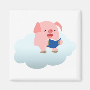 Cute Cartoon Pig Reader on Cloud Magnet