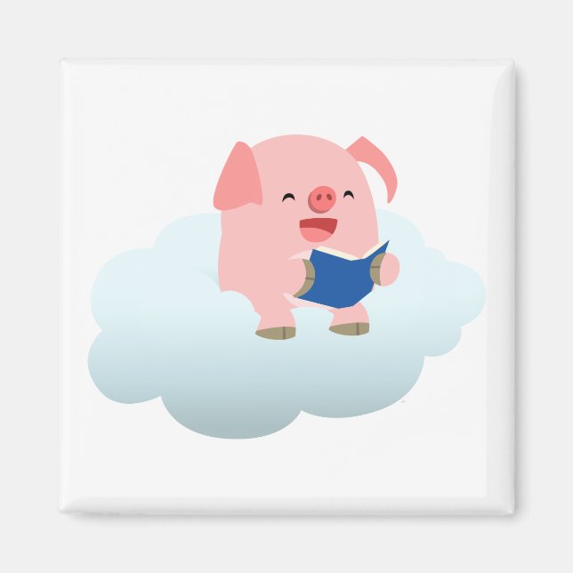 Cute Cartoon Pig Reader on Cloud Magnet (Front)