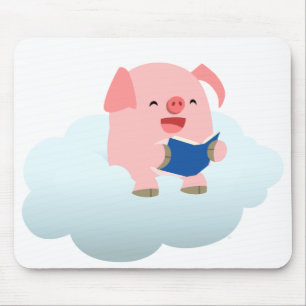 Cute Cartoon Pig Reader on Cloud Mousepad