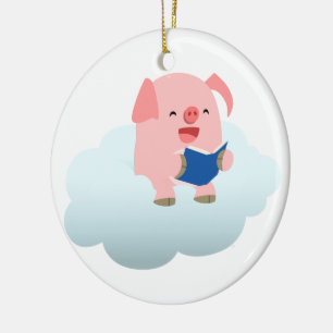 Cute Cartoon Pig Reader on Cloud Ornament
