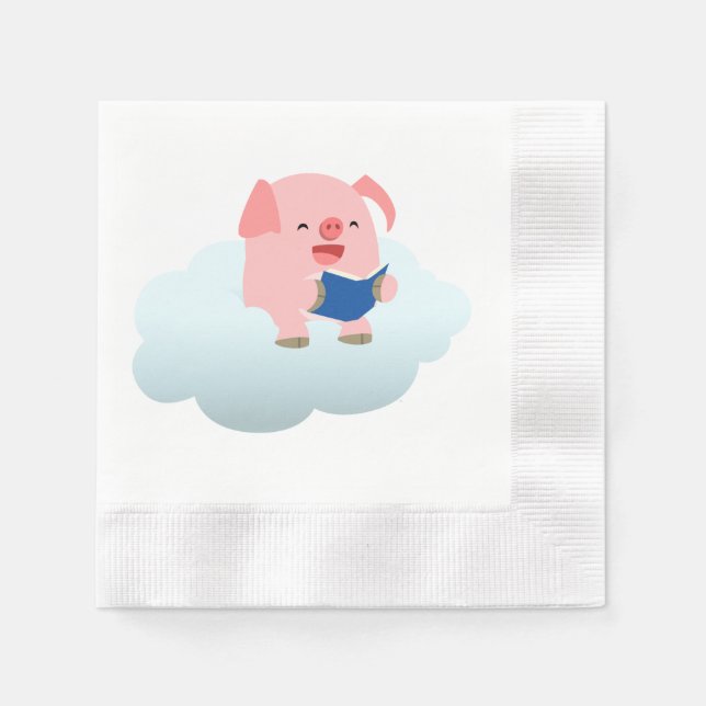 Cute Cartoon Pig Reader on Cloud Paper Napkins (Front)