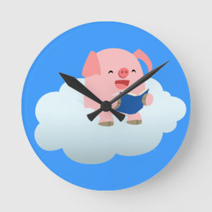 Cute Cartoon Pig Reader on Cloud Wall Clock