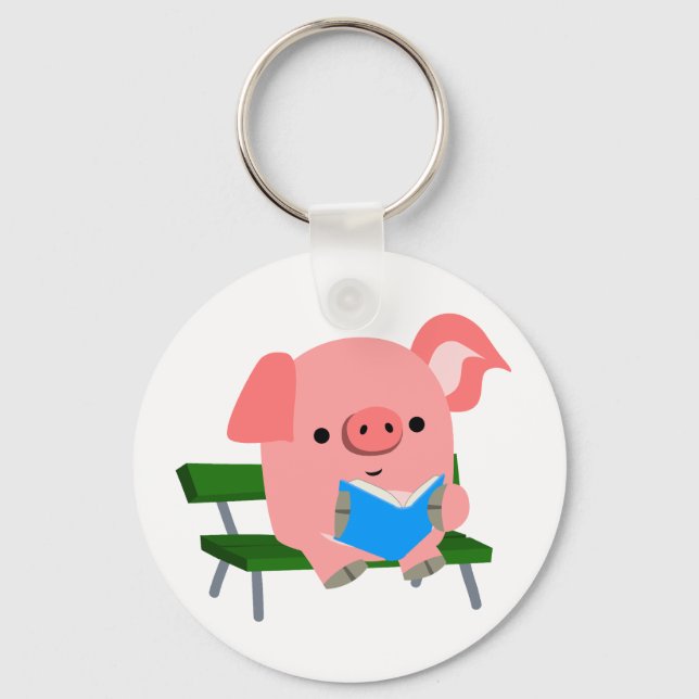 Cute Cartoon Pig Reading on a Bench Keychain (Front)