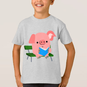 Cute Cartoon Pig Reading on a Bench Kids T-Shirt