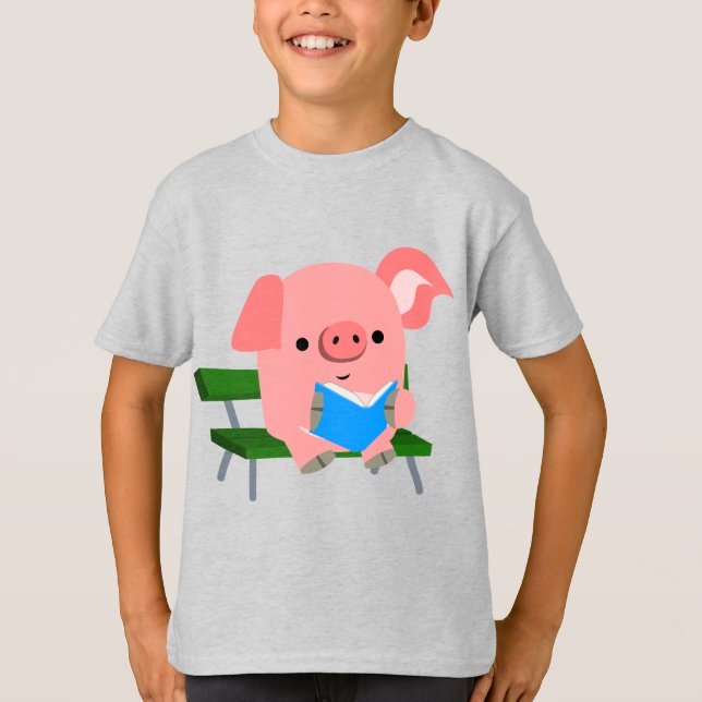 Cute Cartoon Pig Reading on a Bench Kids T-Shirt (Front)