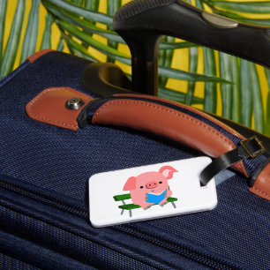 Cute Cartoon Pig Reading on a Bench Luggage Tag