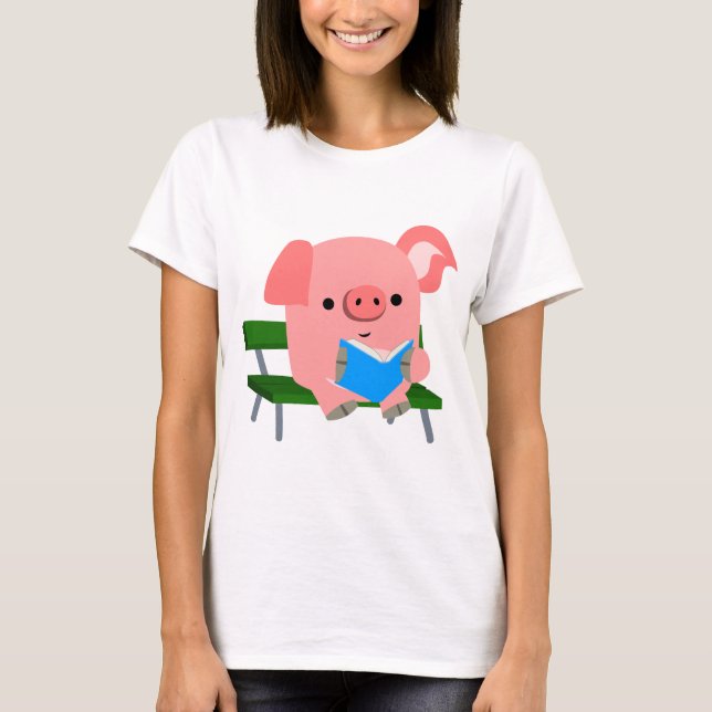 Cute Cartoon Pig Reading on a Bench Women T-Shirt (Front)