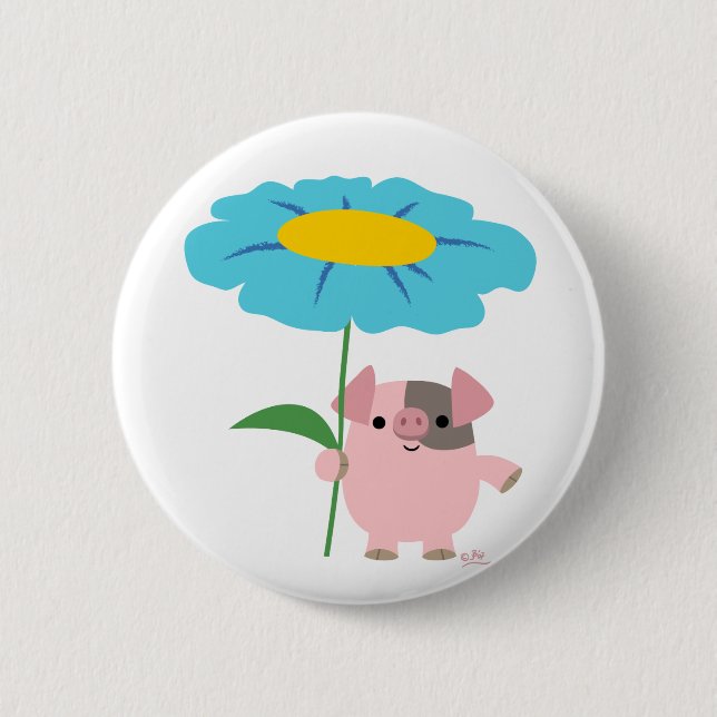 Cute Cartoon Pig With Gift (Blue) Button Badge (Front)