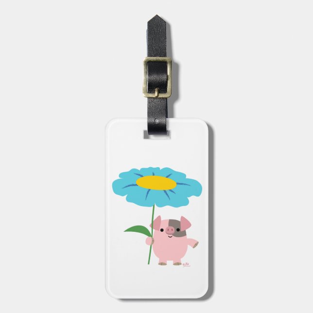 Cute Cartoon Pig With Gift (Blue) Luggage Tag (Front Vertical)