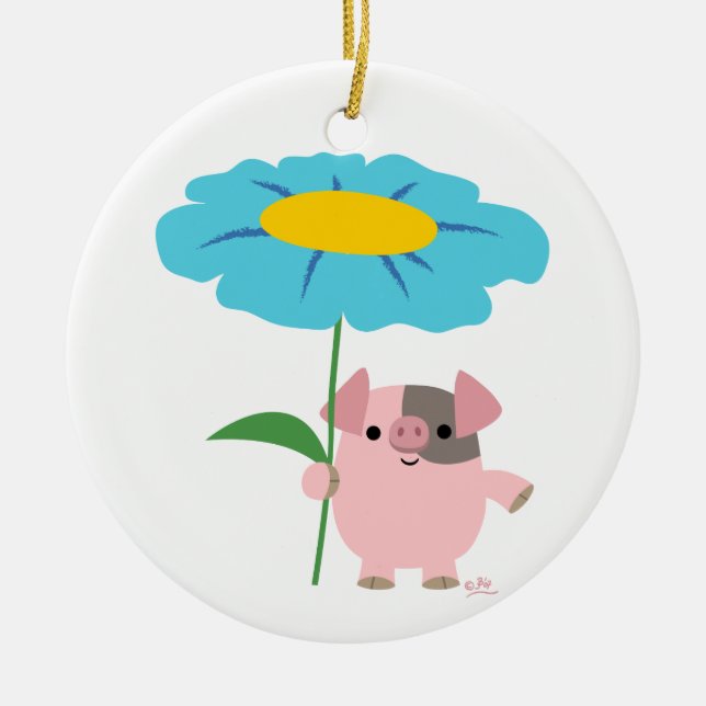 Cute Cartoon Pig With Gift (Blue) Ornament (Front)