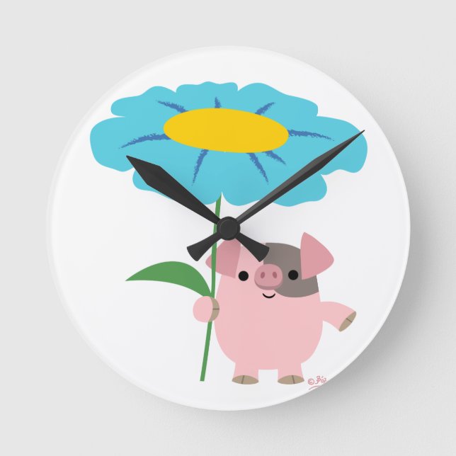 Cute Cartoon Pig With Gift (Blue) Wall Clock (Front)