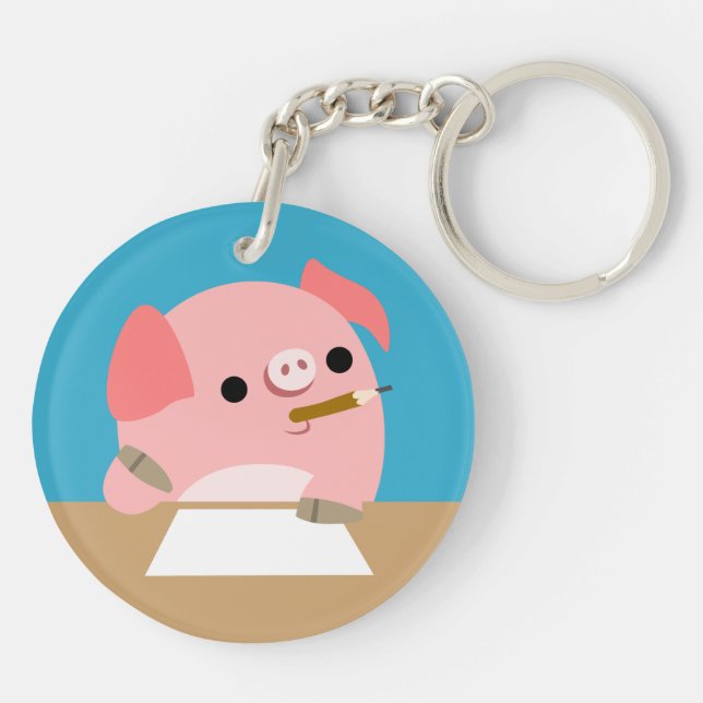 Cute Cartoon Pig "Writer's Block" Acrylic Keychain (Back)