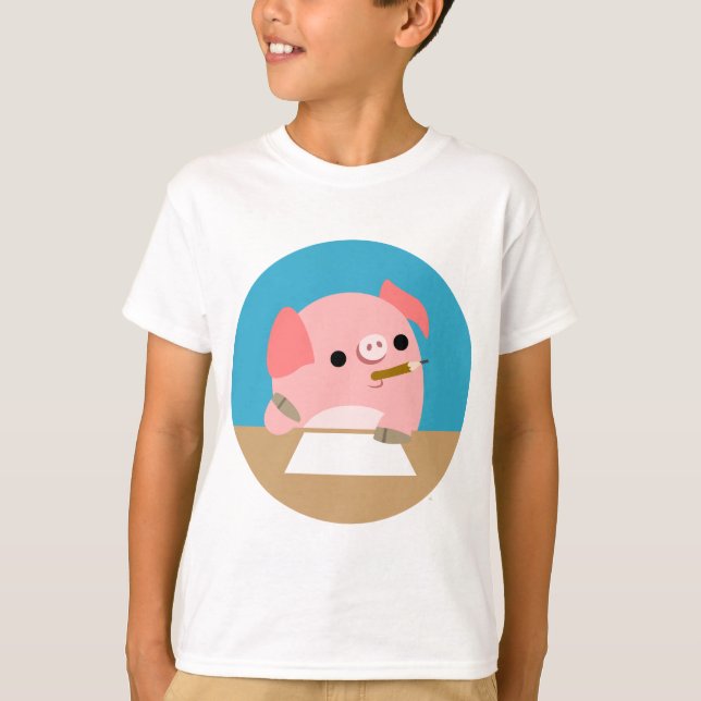 Cute Cartoon Pig "Writer's Block" Children T-Shirt (Front)