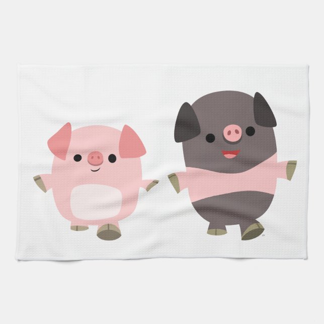 Cute Cartoon Pigs On a Walk Kitchen Towel (Horizontal)