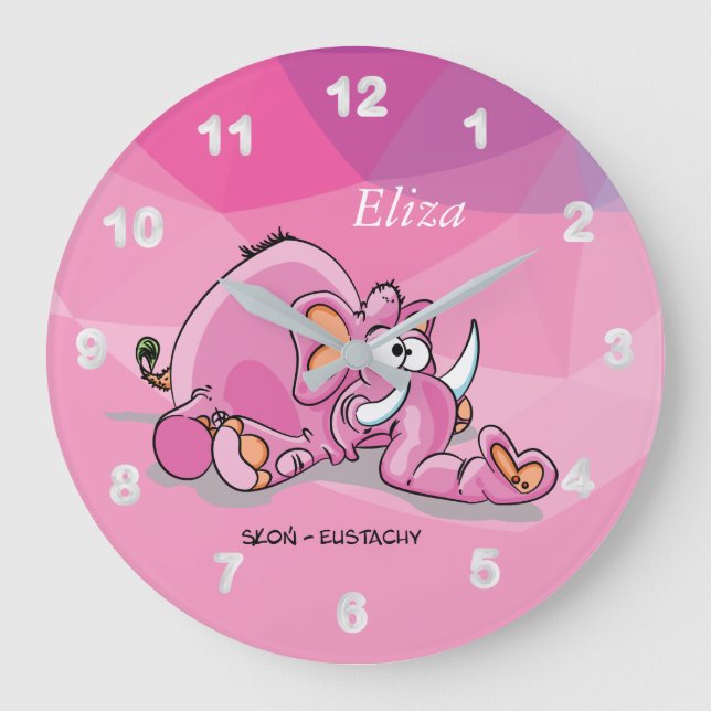 Cute Cartoon Pink Elephant Large Clock (Front)