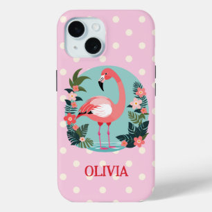 Cute Cartoon Pink Floral Flamingo with Polka Dots iPhone 15 Case