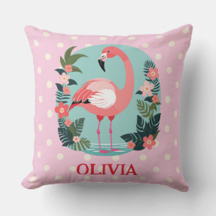 Cute Cartoon Pink Floral Flamingo with Polka Dots Cushion