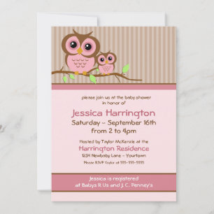 Cute Cartoon Pink Owl Baby Shower Invitations