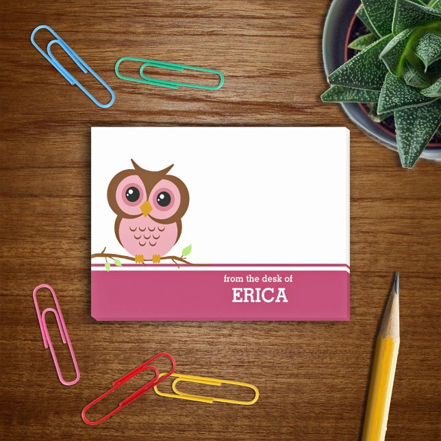 Cute Cartoon Pink Owl Personalised Post-it Notes (Creator Uploaded)