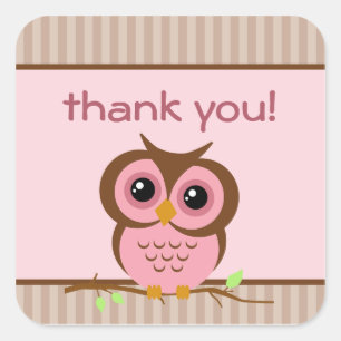 Cute Cartoon Pink Owl Thank You Sticker