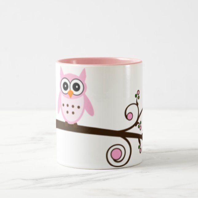 Cute Cartoon Pink Owl Two-Tone Coffee Mug (Center)