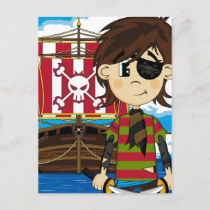 Cute Cartoon Pirate and Ship Postcard