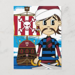 Cute Cartoon Pirate and Ship Postcard