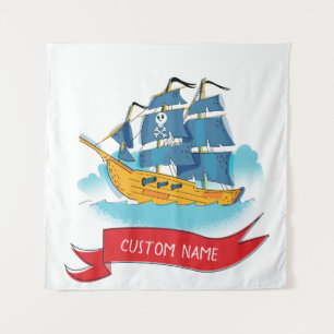 Cute Cartoon Pirate Ship Custom text Tapestry