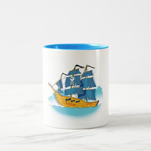 Cute Cartoon Pirate Ship Two-Tone Coffee Mug (Center)