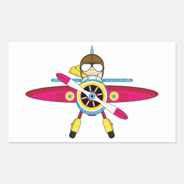 Cute Cartoon Plane and Pilot Rectangular Sticker (Front)