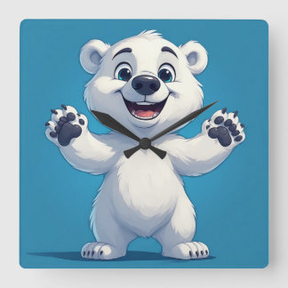 Cute Cartoon Polar Bear Character  Square Wall Clock