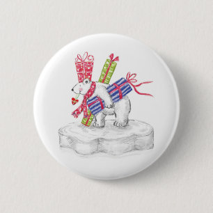 Cute Cartoon Polar Bear with Christmas Presents 6 Cm Round Badge