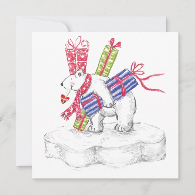 Cute Cartoon Polar Bear with Christmas Presents Holiday Card (Front)