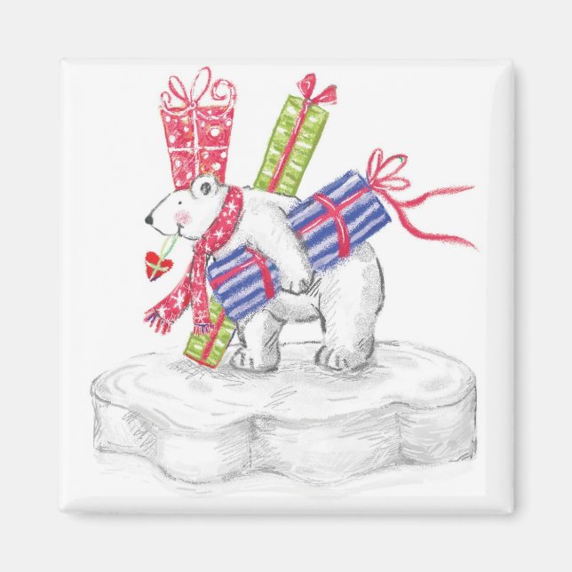 Cute Cartoon Polar Bear with Christmas Presents Magnet (Front)